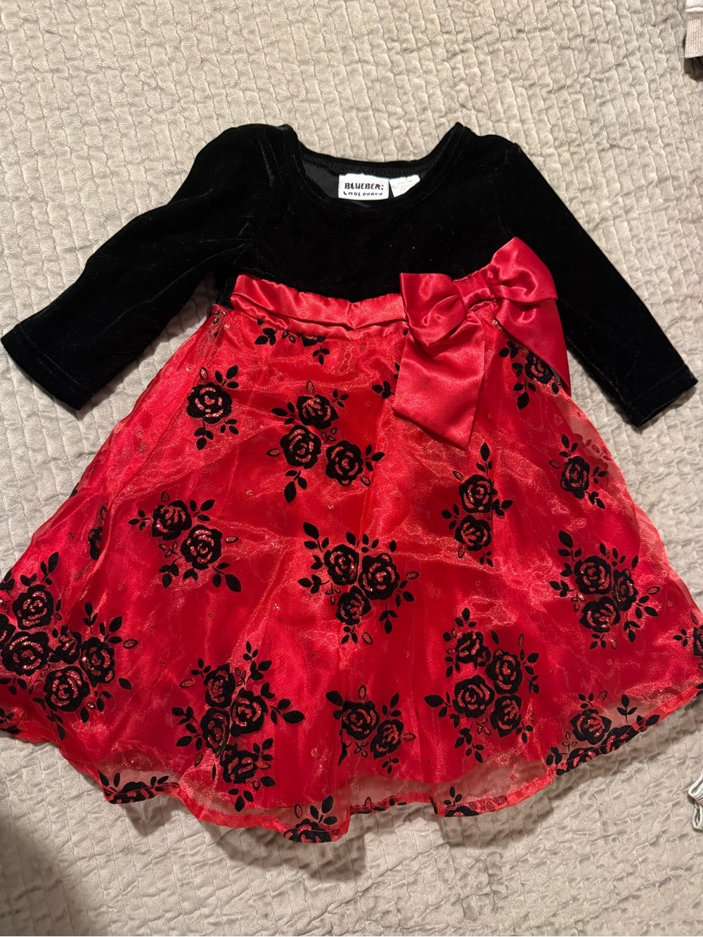 Blueberi Boulevard Red & Black Velvet Bodice Floral Tulle Dress